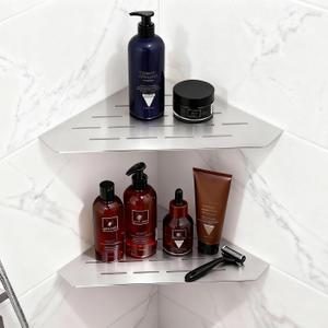 10" Corner Shower Shelf 2 Pcs Brushed 304 Stainless Steel Diamond Heavy Duty Floating Corner Shelves Slot Design Recessed Bathroom Shower Shelf for 90 Tiled Wall, No Drilling Needed