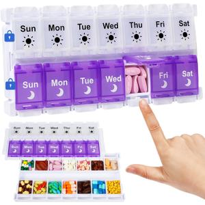 Shintop Am Pm Pill Organizer 7 Day, Push Button Weekly Pill Box 2 Times Removable Lid Medication Case Easy Fill Day Night Vitamin Container for Fish Oil Supplements (Purple & White)