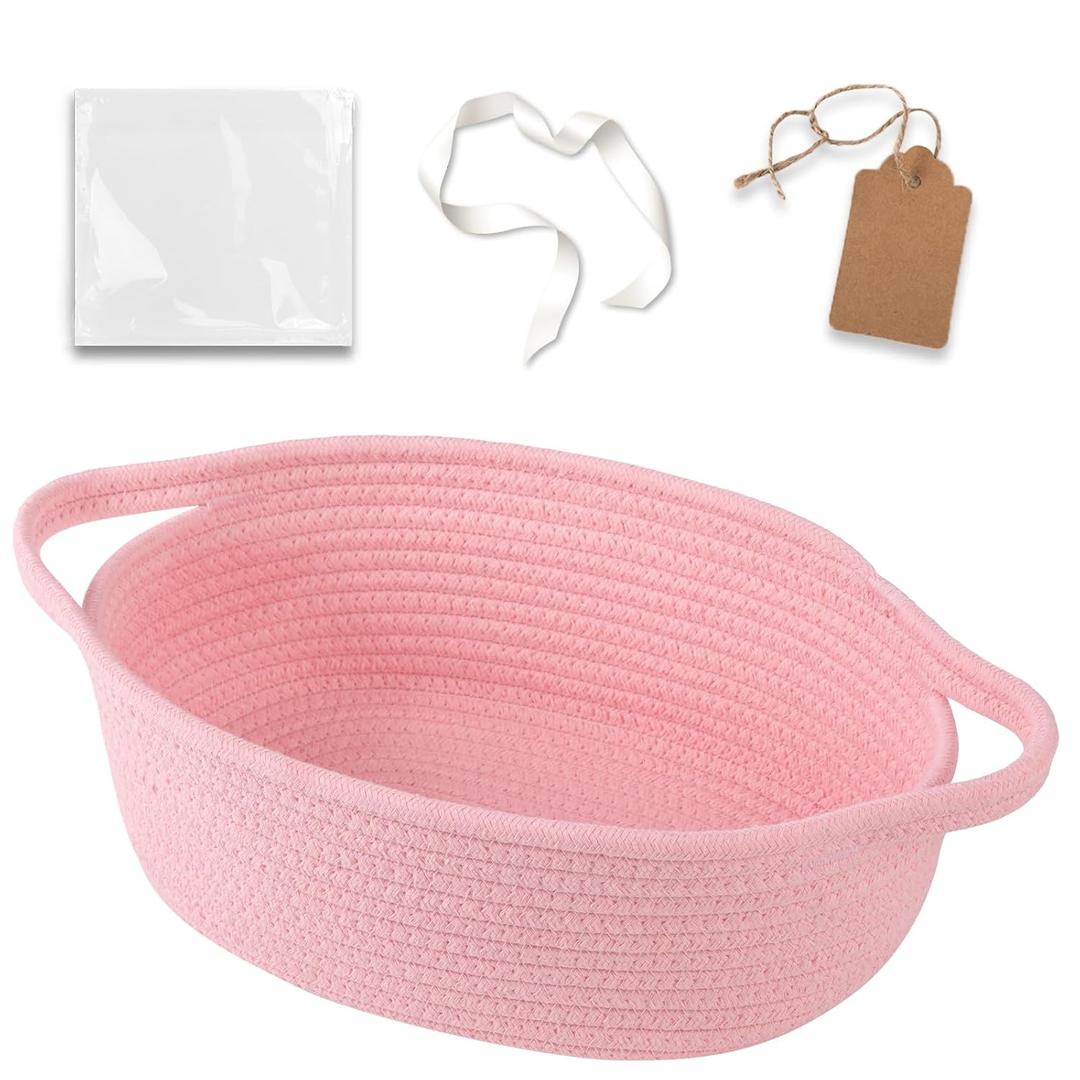 OIAHOMY Small Woven Basket with Gift Bags, Ribbons & DIY Label Card, Baskets for Gifts Empty, Small Rope Basket 12 * 8 * 5IN, Cute Decorative baskets with Handles for Baby Pets, Toys, Pink