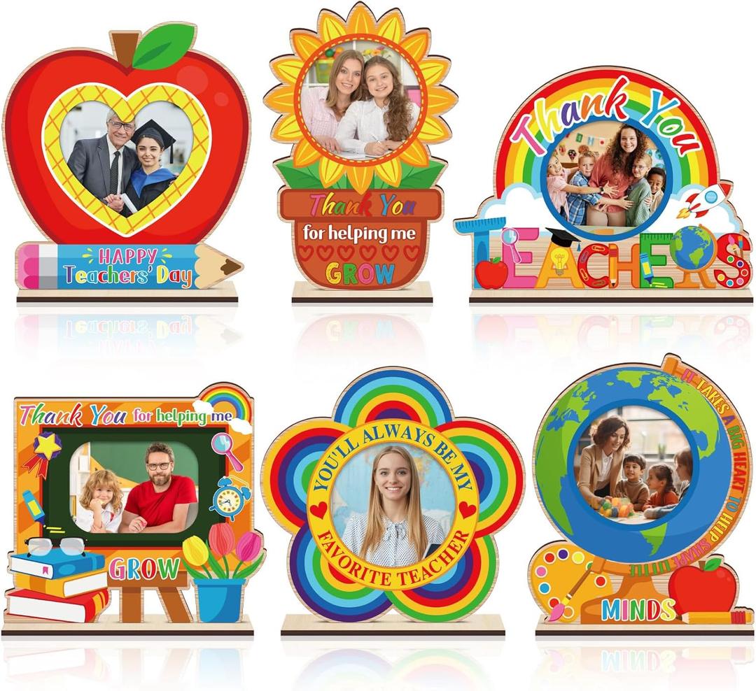 Qunclay 6 Pcs Back to School Wood Teacher Picture Frames Teacher Appreciation Frame Gift Thank You for Helping Me Grow Gift from Student for Preschool Kindergarten Daycare Graduation End of Year Favor
