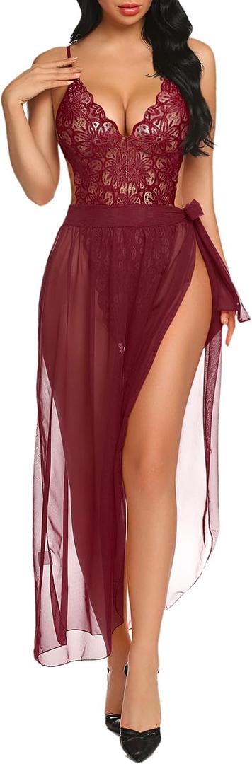 Avidlove Women One Piece Lingerie Deep V Lace Bodysuit Mosaic Lace Teddy Mesh Skirt (XL)
