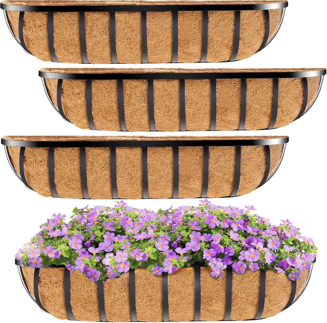 HFHOME 30" Window Box Deck Railing Planter with Horse Trough Coco Liners, Black Metal Hanging Flower Planters Baskets for Indoor, Outdoor, Balcony, Porch, Fence, Patio, and Lawn (Set of 4)