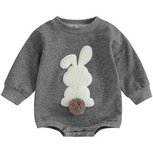 MOBJVIY Toddler Baby Girl Clothes Cute Bunny Embroidery Long Sleeve Sweatshirt Romper Newborn Girl Boy Easter Outfit Size 90