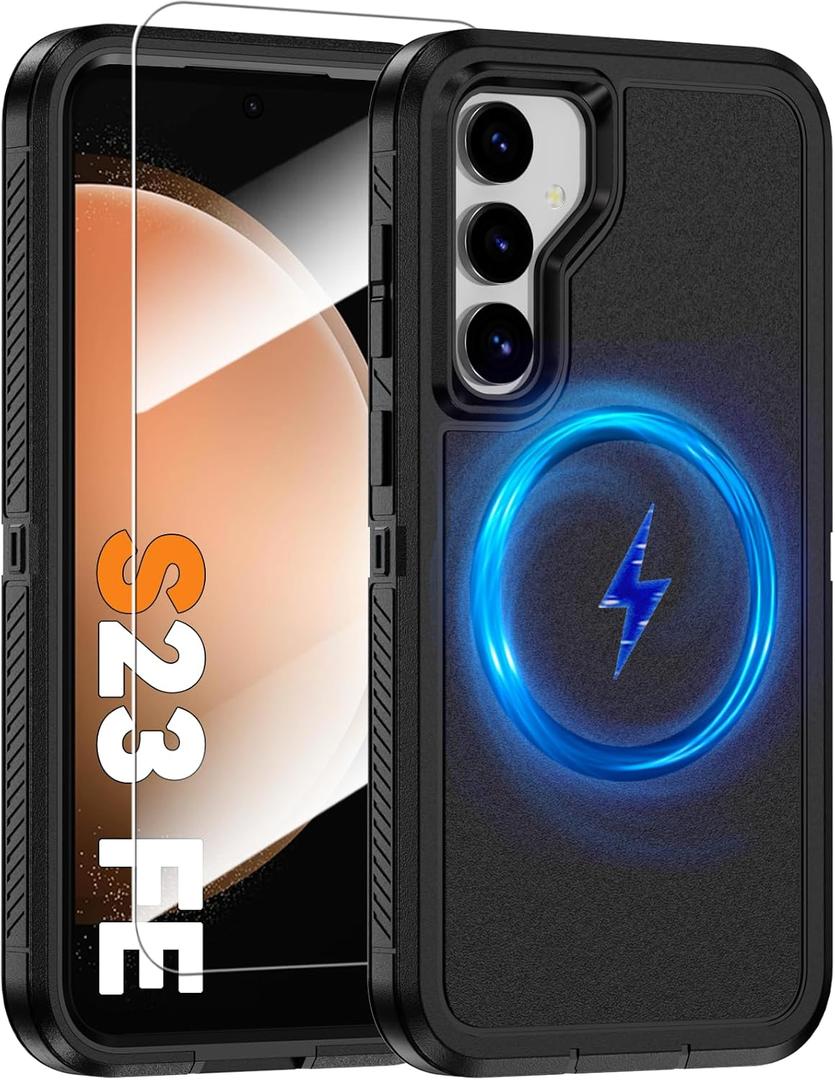 Magnetic Case for Samsung Galaxy S23 FE 5G [Compatible with Magsafe] [Glass Screen Protector] [Dual Layer Military-Grade Protection] Heavy Duty Shockproof Cover for Samsung S23 FE 6.4 inch, Black