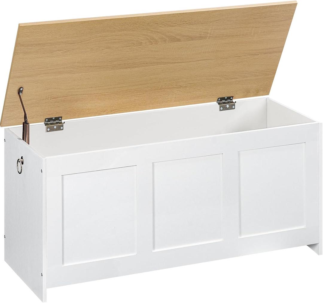 HOOBRO Storage Bench, 39.3" Retro Wooden Storage Chest, Wooden Storage Trunk, Toy Chest with Lift Top, Multifunctional Entryway Organizer, for Entryway, Living Room, White and Natural WN141CW01G1