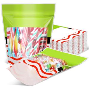 Teenyyou 50 Pcs Christmas Elf Cookie Gift Bags Red and White Stripe Candy Goodies Snack Stand up Pouch Treat Bags with Window for Packaging Xmas Party Favor Supplies, 8 x 6.5 x 2.5 Inch