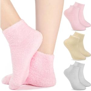 Janmercy 3 Pairs Aloe Socks Moisturizing Spa Infused Gel Sleeping Fuzzy Dry Feet Non Slip Lotion Socks for Women Men Repairing Softening Dry Cracked(Pink, Gray, Nude Color)