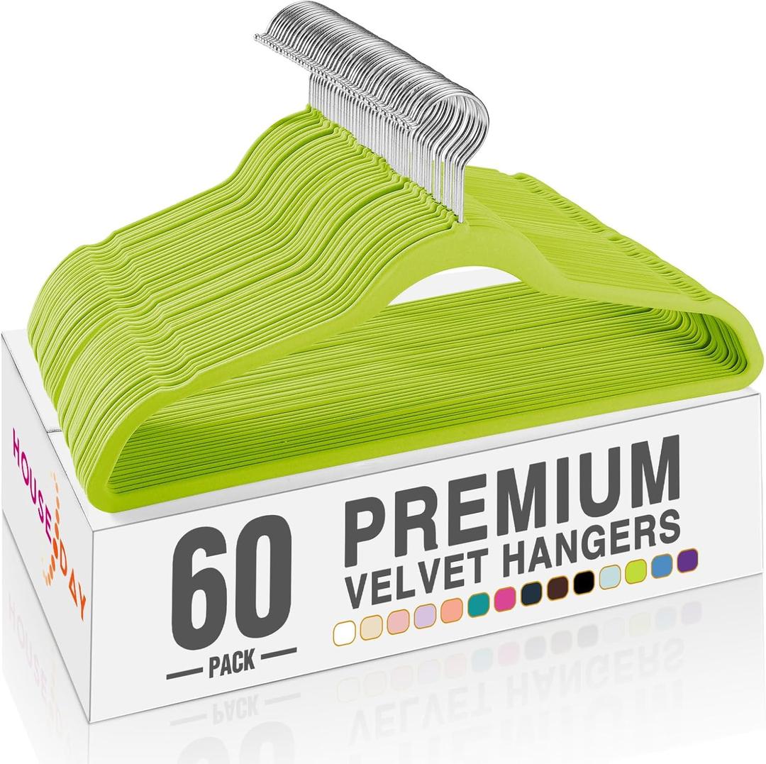 HOUSE DAY Vibrant Green Velvet Hangers 60 Pack, Non Slip Clothes Felt Hanger Heavy Duty for Coat, Premium Slim Space Saving Suit Hangers for Closet Organizer, 360 Rotating Silver Hook