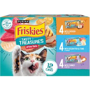 Purina Friskies Wet Cat Food Variety Pack, Tasty Treasures Prime Filets (With Ocean Fish and Tuna, With Chicken and With Turkey) - (Pack of 12) 5.5 oz. Cans Best Before Jan. 2025