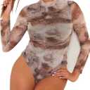 AVZXSA Women's Printed Mesh Long Sleeve Bodysuit, Sexy One Piece with Mock Neck Snap Crotch Leotard Top (Large, Brown Combo)