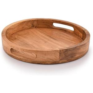 Samhita Round Serving Acacia Wooden Tray with Handles for Serving Beverages & Food on Bar Living Room Home Dining Table (12" x 12" x 1.6")