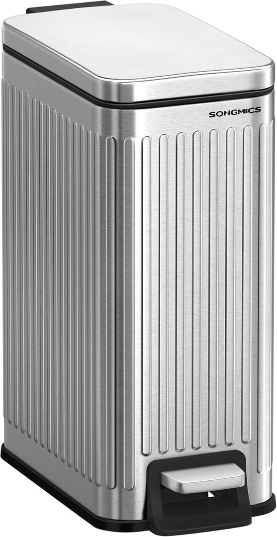 SONGMICS Bathroom Trash Can, 1.6-Gallon (6 L) Trash Bin with Lid, Slim for Small Spaces, Stainless Steel Garbage Can, Soft Close, Silver ULTB563E01