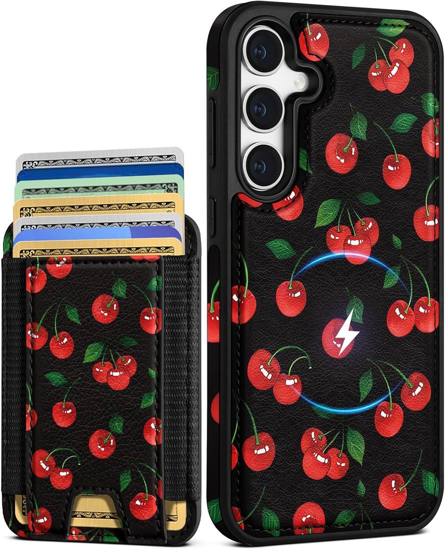 Shorogyt for Samsung Galaxy S25 Cute Kawaii Leather Phone Case - Compatible with Magsafe Wallet Magnetic Credit Card Holder Fashion Cherry Design Phone Cover for Women Girls, Fits 7 Cards