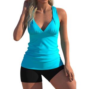 Women Two Piece Swimsuits Tankini Set with V Neck Pleated Top Boyshort Bottom, S