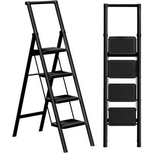 GameGem 4 Step Ladder Folding Iron Step Stool Stepladders with Anti-Slip and Wide Pedal for Home and Kitchen Use Space Saving (Black)