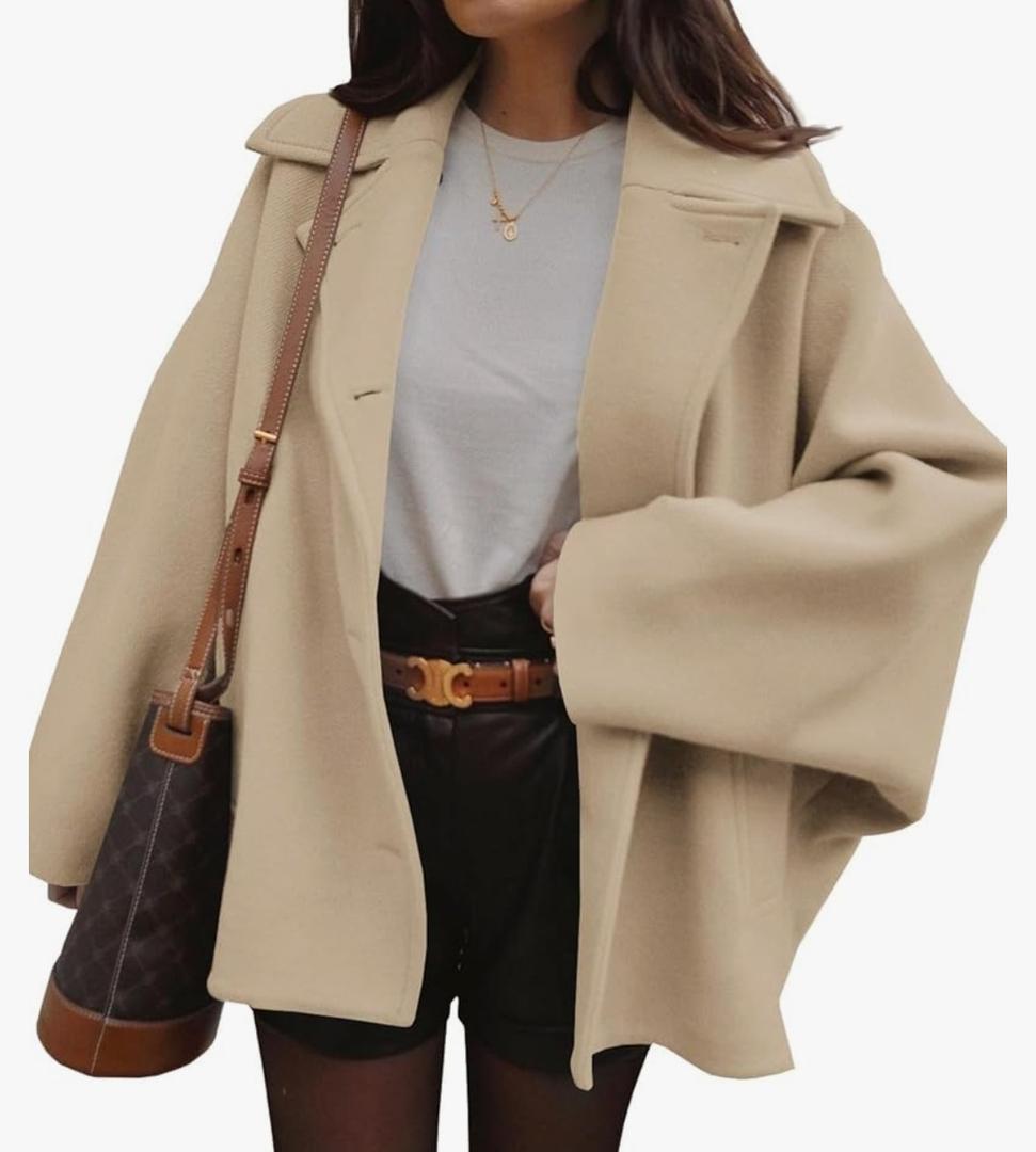 Tankaneo Womens Pea Coats Classic Notch Lapel Single Breasted Oversized Fall Winter Jackets Outerwear, Size M