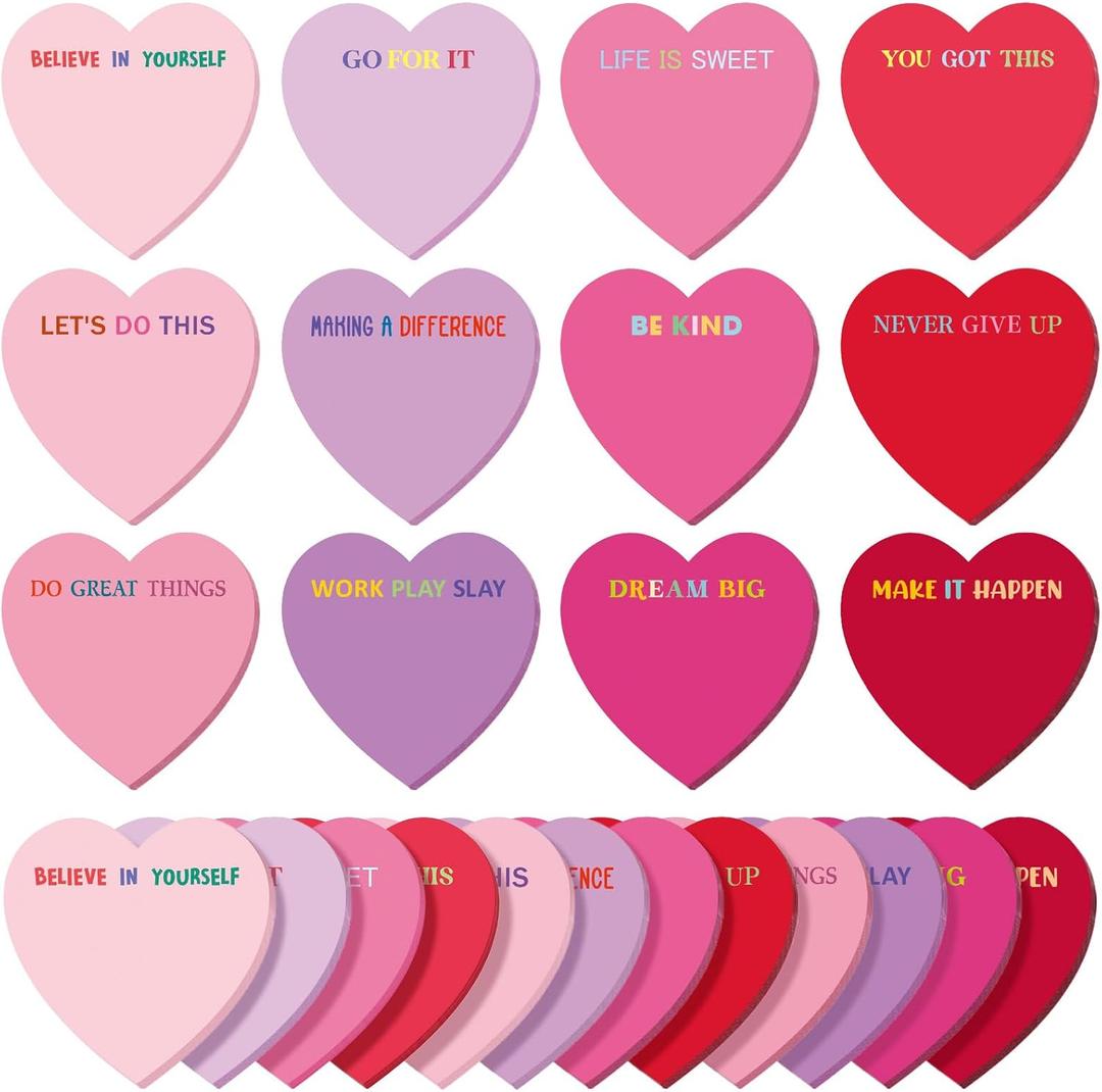 Teling 24 Pack Valentine's Day Sticky Notes Heart Shape Sticky Notes 3 x 3 Inch Motivational Notepads Bulk Cute Memo Pads for Valentines Party Gifts School Office Supplies (Red Pink Purple)