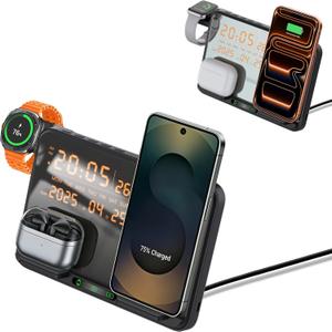 3 in 1 Wireless Charger Charging Station with Digital Alarm Clock Fast Charge for iPhone/Air Pods/Apple Watch Series,Samsung Galaxy Phones/Watch/Buds,LED Display with Temperature,Date,12/24H Clock (Black)