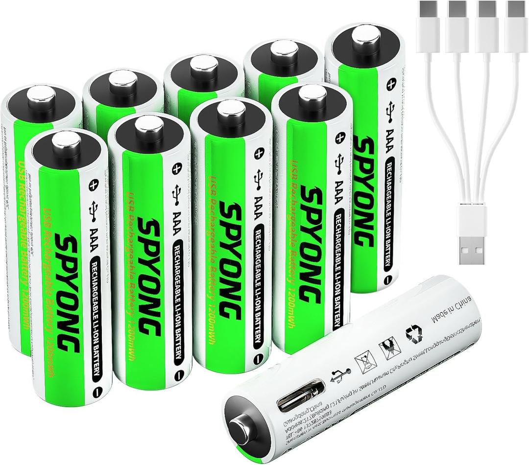 10-Pack AAA Batteries 1.5V USB Rechargeable Batteries AAA, 1200mWh Lithium Ion Rechargeable Battery, Over 1500 Cycles, 4-in-1 USB-C Charging Cable 40 Minutes Fast Charging, High Output
