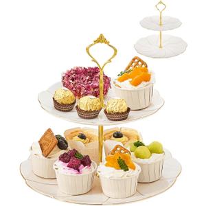 DUJUST Luxury Porcelain 2-Tier Cupcake Stand Tower, British Style Serving Tray with Golden Trim, Food Grade Dessert Display Stand, Beautiful Gift for Tea Party & Home Décor