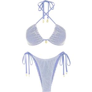 seamoly Women's Bikini Sets Halter Fishnet Shell Decorated Two Piece Swimsuit Sexy Side Tie Thong Bandeau Bathing Suits (XS)