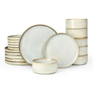 Famiware Star Plates and Bowls Sets, Modern Stoneware Dinnerware Sets for 6, 18-Piece Kitchen Dish Set - Chip and Scratch Resistant, Microwave and Dishwasher Safe Tableware, Cappuccino White