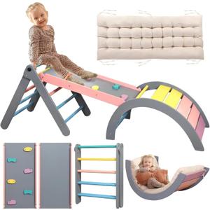 Pikler Triangle Set with Cushion, 7 in 1 Toddler Climbing Toys Indoor, Montessori Foldable Climbing Set, Wooden Climbing Toys for Toddlers Inside with Ramp, Arch and Ladder (Rainbow with Blue), Medium