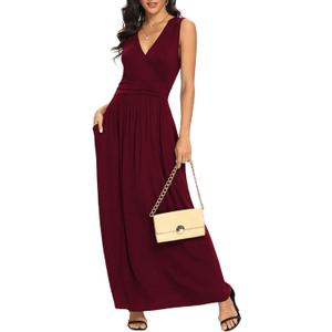 LILBETTER Women Sleeveless Deep V Neck Loose Plain Long Maxi Casual Dress (Small, 01 Wine Red)