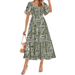 BTFBM Women's Clothing Wedding Guest Dresses Casual Boho Floral Short Sleeve Smocked Maxi Beach Spring Summer Dress 2026 (S)