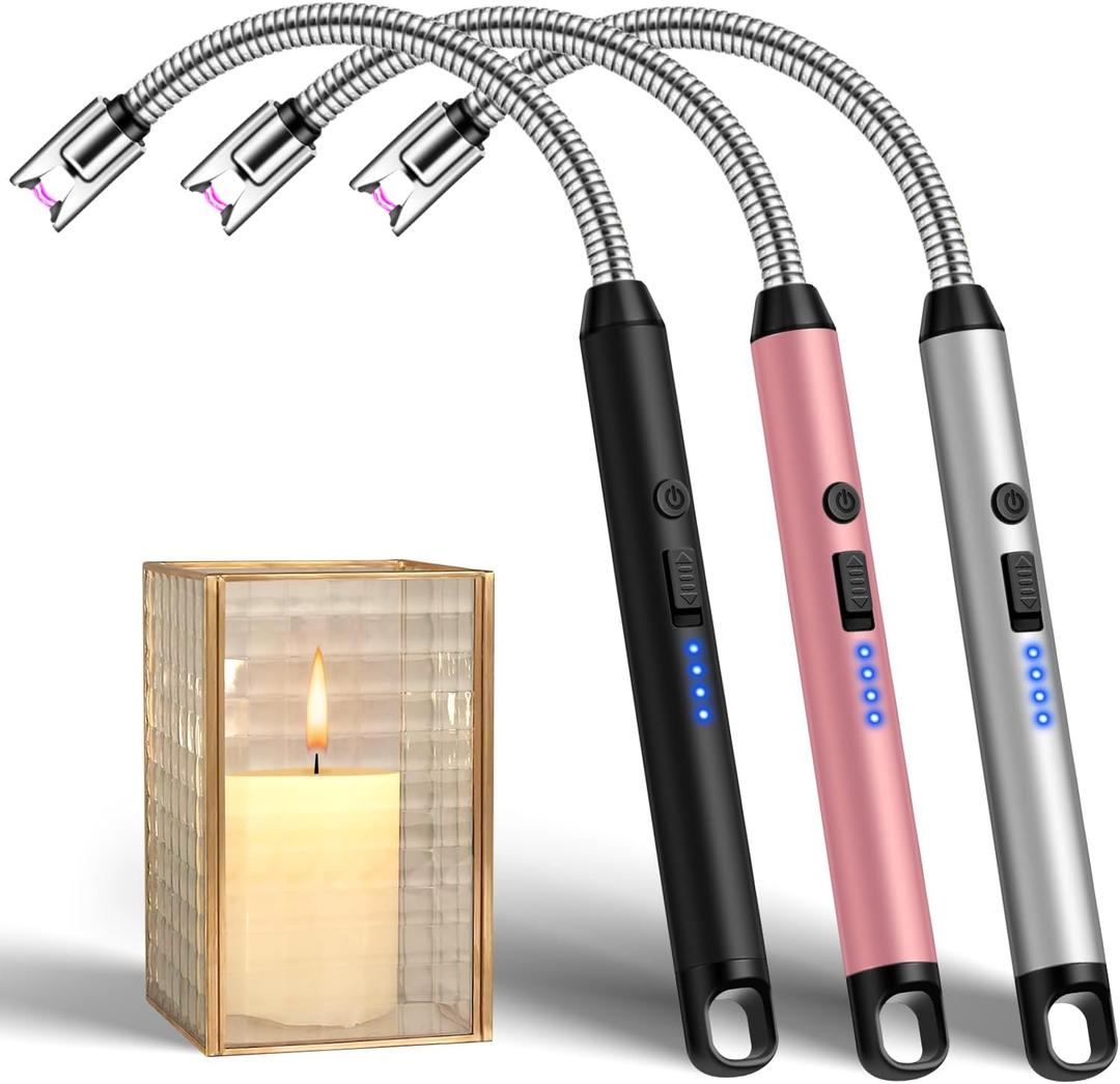 LcFun 3 Pack Candle Lighter USB C Rechargeable Electric Lighters with 360 Flexible Neck & Safety Lock, Windproof Arc Lighters Long Stem Matches for Candle, Grill, BBQ, Gas Stoves (Black,Silver,Pink)