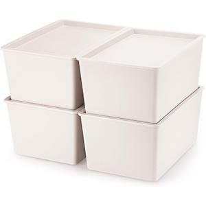 Menkxi 4 Pcs Storage Bins with Lids Plastic Stackable Containers for Organizing Shelves Christmas Ornament Box Baskets(Beige,Small)
