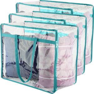 Clear Vinyl Zippered Storage Bags (3-Pack) 40L Sturdy Storage Bags for Sweaters, Blankets, Comforters, Bedding Sets and Much More! (Turquoise, 18x15x9)