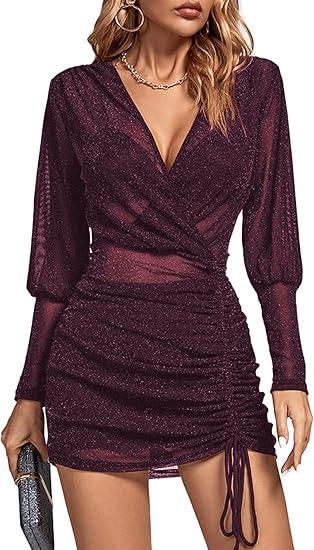 Rooscier Women's Sheer Mesh Glitter Wrap V Neck Long Sleeve Ruched Drawstring Bodycon Mini Dress purple Small