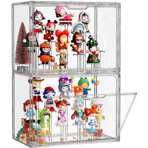 JOYZAN Acrylic Display Case 2 Pack Display Boxes for Collectibles, Figure Display Case with Magnetic Door, Stackable Clear Box with Moveable Cylindrical Modules for Popmart, Funko, Hobby, Doll