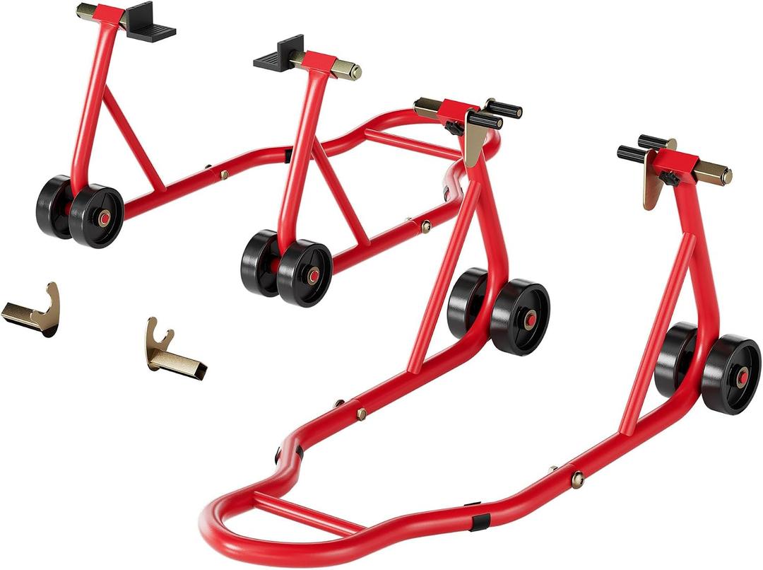 SPECSTAR Motorcycle Stands, 882 Lbs Capacity Front Rear Wheels Lift Combo with U+L Adjustable Swingarm Spool, Heavy Duty Paddock Stands fit for BMW Suzuki Yamaha Honda Kawasaki, Red