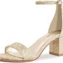 PIZZ ANNU Women's Low Block Chunky Heels Sandals Comfortable Open Toe Ankle Strap Party Dress Pump Shoes Strappy Buckle Heeled Sandal with 2 Inches Tall Thick Heel Design (8.5, Gold Glitter)