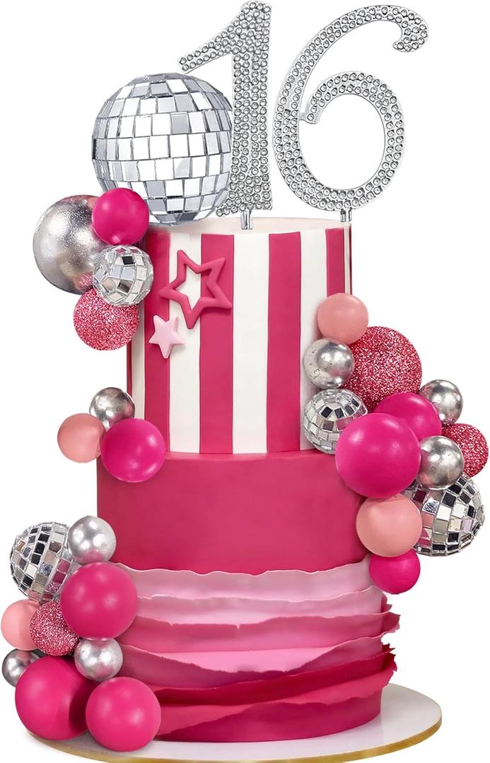 27 PCS Sweet 16 Disco Ball Cake Topper - Hot Pink Girl Toppers for Birthday, Wedding, Anniversary Parties