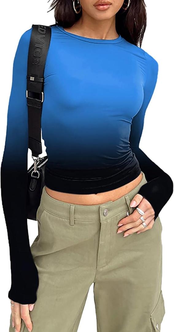 Hafailia Long Sleeve Shirts for Women - Casual Y2K Basic Tops Crewneck Slim Fit Tshirt Tees Blue Black XS