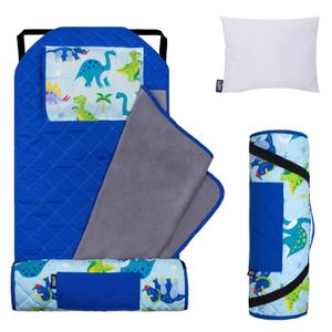Wildkin Modern Kids Nap Mat Soft Cotton Blend with Pillow & Elastic Straps for School & Travel - Dinosaur Land