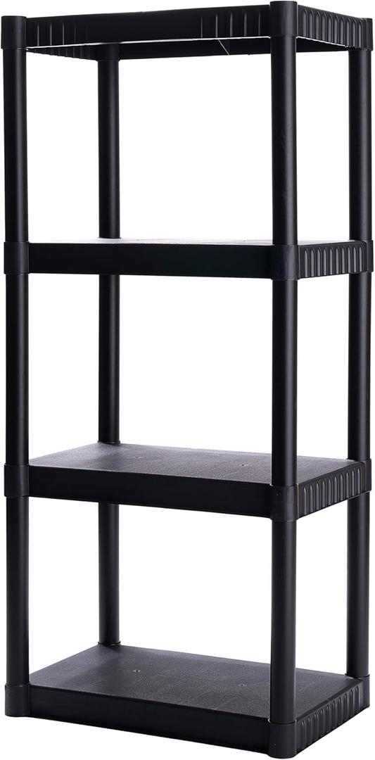 Plano 4-Shelf Plastic Storage Shelves, 48” x 23” x 14”, 200lb Capacity, Pantry, Office, Closet and Garage Shelves, Easy to Assemble, Durable Plastic Shelving Unit, Black