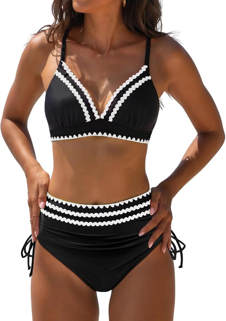 popvil High Waisted Bikini Sets for Women Tummy Control Swimsuits Two Piece Neon V Neck Drawstring Bathing Suits 2026 (Small, Black)