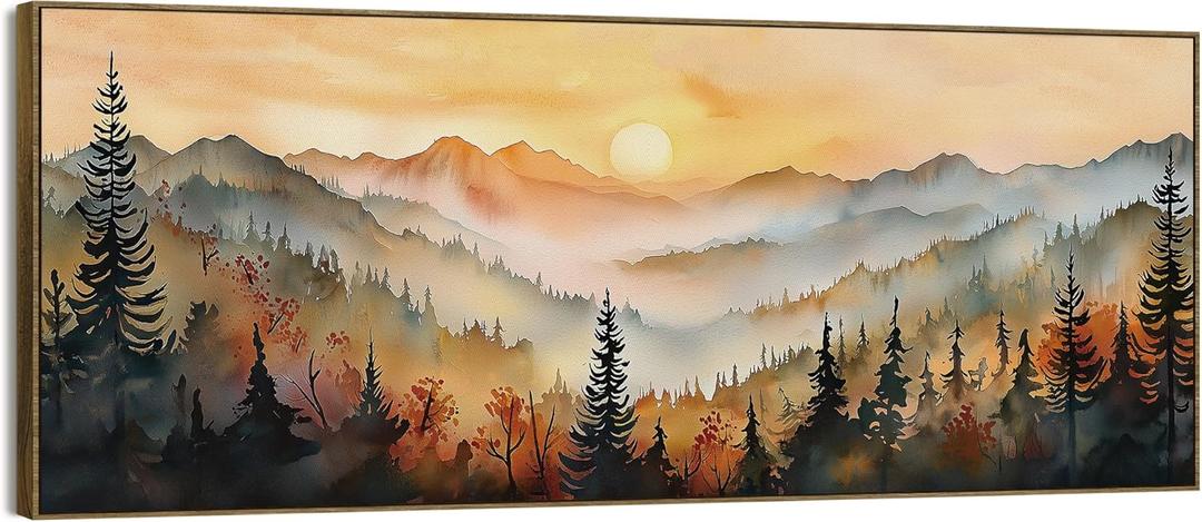TLESKE Vintage Orange Boho Fall Sun Sunset Landscape Large Wall Art Decor Framed 15x40, Autumn Rustic Farmhouse Canvas Wall Art Print for Bedroom Living Room, Mountain Forest Wall Artwork Picture