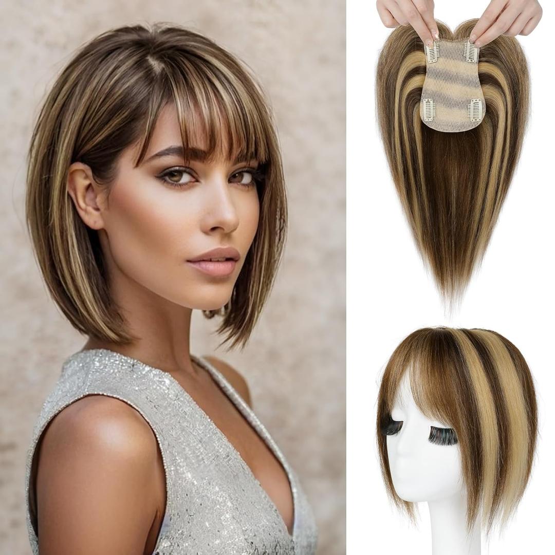 REECHO Human Hair Toppers for Women Real Human High Density Hair Topper Invisible Wiglett for Daily Wear Adding Instant Volume, Medium Brown with Highlights (3.6x5")