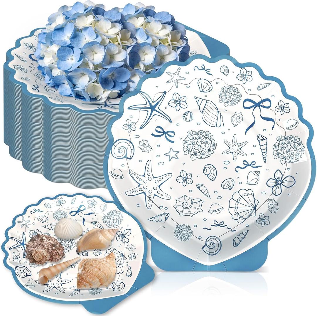 40pcs 9'' Seashell Paper Plate Scalloped Ocean Disposable Plates