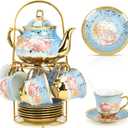 20 Pcs Porcelain Tea Set with Metal Holder, Adult Tea Set Gift, European Ceramic Tea Set for Adults, Flower Tea Cup Saucer Set for Party With Gold Flower Painting (Serene Blue)
