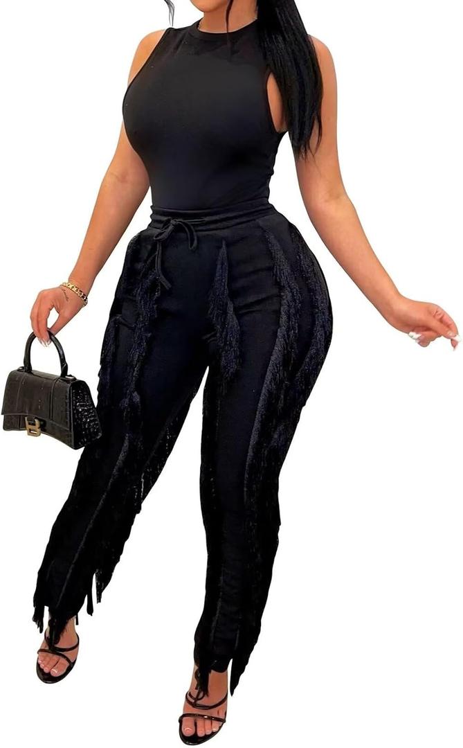 EDITCOZY Women Sexy Two Piece Outfits Fringe Pants Set Tassel Club 2 Piece Sets Going Out Birthday Party Night Black XL