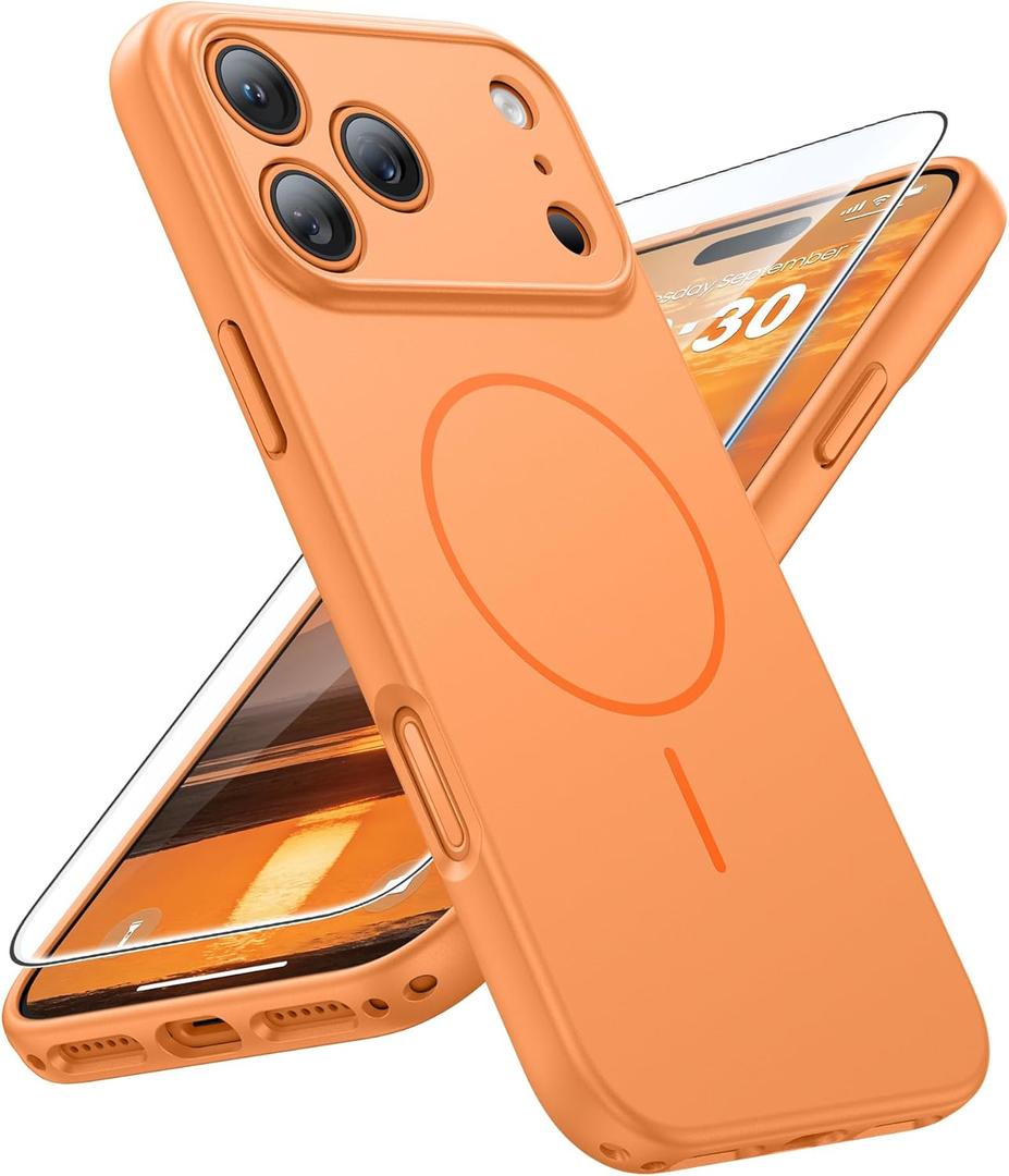 FNTCASE for iPhone 17 Pro Case: [Compatible with Magsafe] Solid Matte 17 Pro Cases Orange with [Screen Protector] [Full Camera Protection] Military Grade Shockproof Protective Phone Cover, 6.3 inch