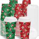 Whaline 50 Set Christmas Disposable Coffee Cup with Lid 16 Oz Red Green Dog Paper Drinking Cups To Go Cups for Hot Cold Drinks Tea Winter Xmas Party Supplies