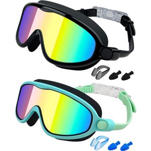 Rantizon Swim Goggles 2 Pack, Wide View Anti Fog&UV Swimming Goggles for Adult, No Leaking Swim Glasses for Men, Women Kids (Green & Gold Plated)