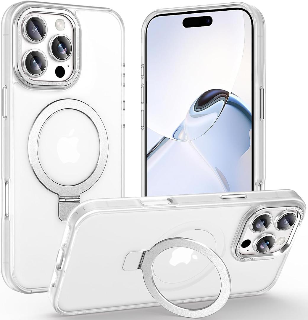 Magnetic for iPhone 16 Pro Max Case with Ring Stand, [10 FT Drop Protection] [Velvety Touch] Slim Translucent Matte Back Shockproof Phone Case for iPhone 16 Pro Max 6.9'', Frosted White